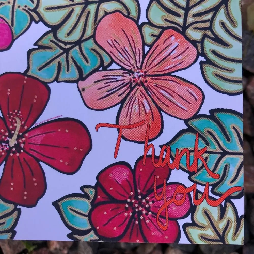 Floral Thank You Note Card, Watercolor Hibiscus, Stationery, Tropical Flower